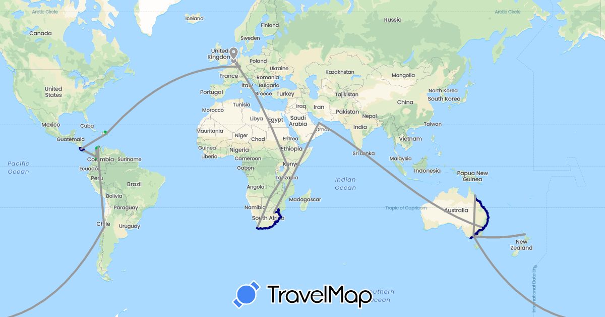 TravelMap itinerary: driving, bus, plane in United Arab Emirates, Australia, Chile, Colombia, Costa Rica, Germany, Dominican Republic, Kenya, Netherlands, New Zealand, Swaziland, South Africa, Zimbabwe (Africa, Asia, Europe, North America, Oceania, South America)